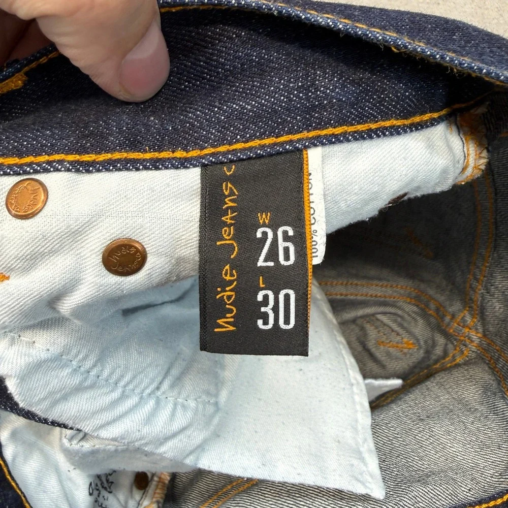 Nudie Jeans Mens 26x30 Blue Thin Finn‎ Dry Flat Selvage Indigo Wash Slim Preppy